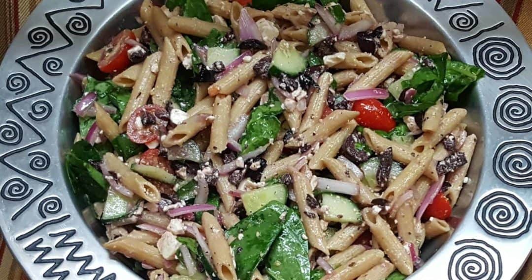 Greek Pasta Salad made with Rustlin’ Rob’s Parmesan Garlic Vinaigrette