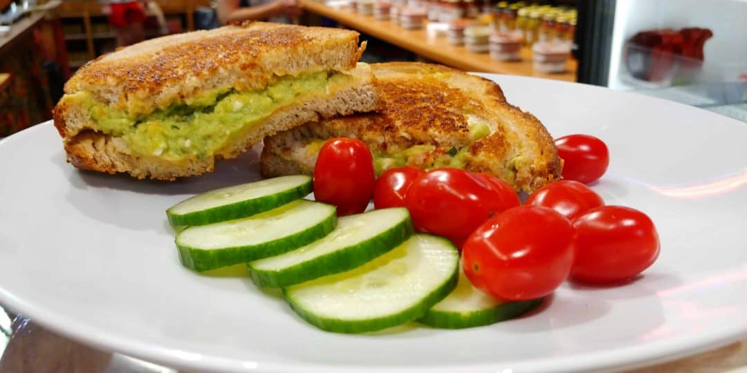Roasted Red Pepper Hummus, Avocado, and Feta Sandwich with Rustlin’ Rob’s Spicy Chipotle Garnishing Sauce