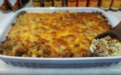 Sausage Hash Brown Breakfast Casserole with Let’s Taco About It Hot Sauce