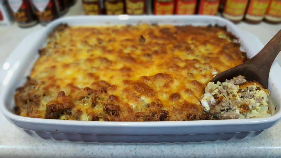 Sausage Hash Brown Breakfast Casserole with Rustlin’ Rob’s Chipotle Hot Sauce