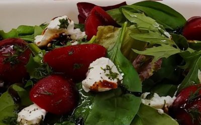 Pickled Beet and Goat Cheese Salad with Honey Roasted Pecans and Rustlin’ Rob’s Pickled Beets