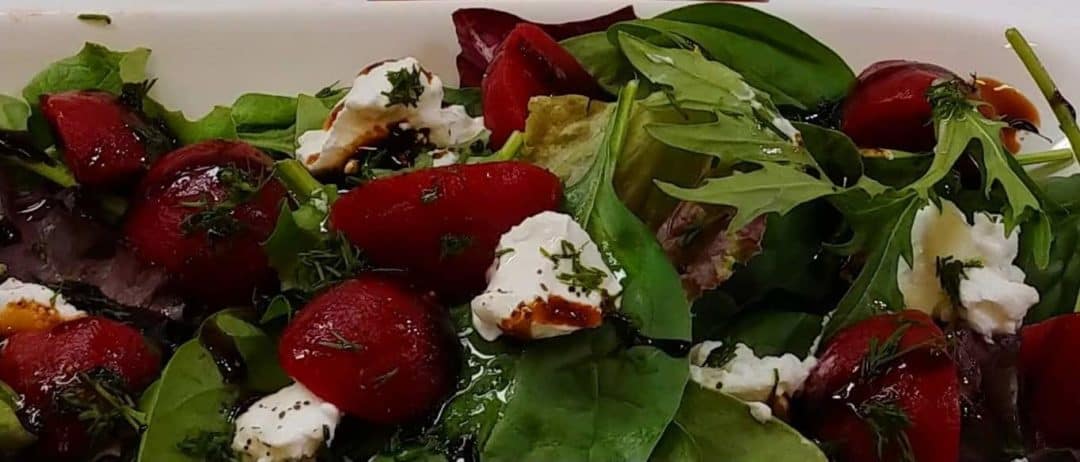 Pickled Beet and Goat Cheese Salad with Honey Roasted Pecans Made with Rustlin’ Rob’s Pickled Beets
