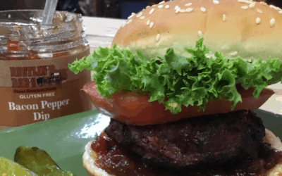 Ostrich Burger with Rustlin’ Rob’s Bacon Pepper Dip