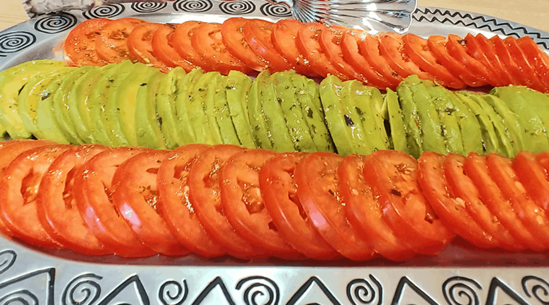 Avocado Tomato Platter – Triple Cheese Vinaigrette Avocado Tomato Platter - Triple Cheese Vinaigrette
