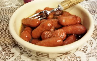 Little Smokies in Raspberry Peach Chipotle Bourbon Sauce