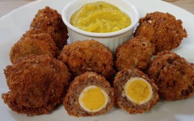 Scotch Eggs with Rustlin’ Rob’s Spicy Pickled Quail Eggs