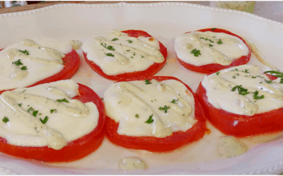 Tomato Cheese Appetizers with Rustlin’ Rob’s Pesto Aioli Garnishing Sauce