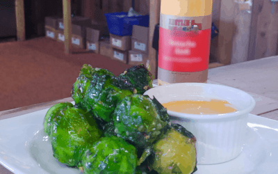 Garlic Brussels Sprouts with Rustlin’ Rob’s Sriracha Horseradish Garnishing Sauce
