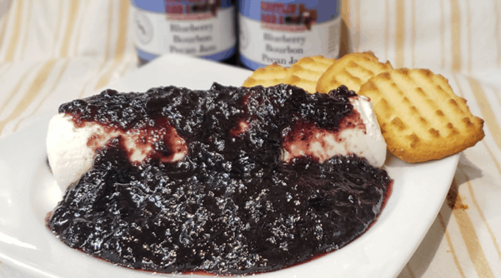 Goat Cheese Log with Rustlin' Rob's Blueberry Bourbon Pecan Jam