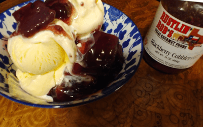 Warm Blackberry Cobbler over Ice Cream with Rustlin’ Rob’s Blackberry Cobbler in a Jar